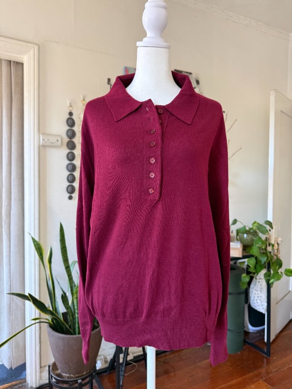 Zara Knit Polo Sweater Burgundy Wine Red XL NWT Collared Short Sleeve Ribbed